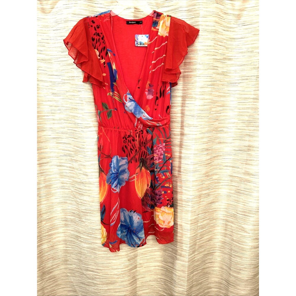 Desigual Fitted Faux Wrap Dress Red Print Lined New  Women's SZ M New